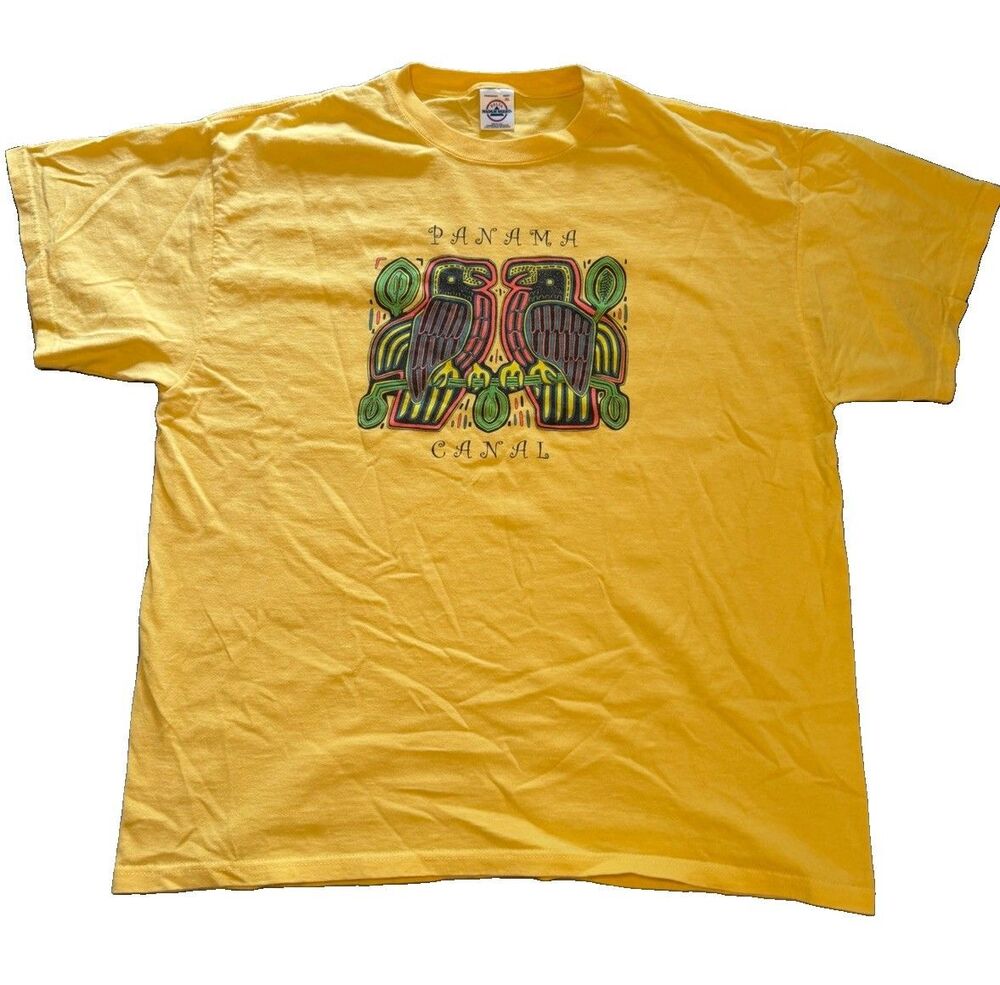 Vintage Panama Canal Mola Bird Art Graphic Tee Mens XL Yellow Y2K Boho Nature